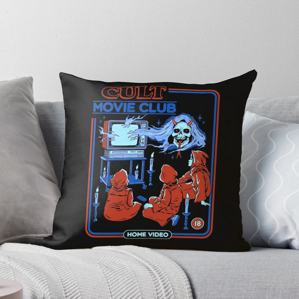 Vintage horror cult movie club pillow featuring retro film icons and nostalgia