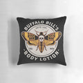 Vintage-style pillow featuring a distressed design of a death's head moth, inspired by the character Buffalo Bill from the horror classic "Silence of the Lambs".