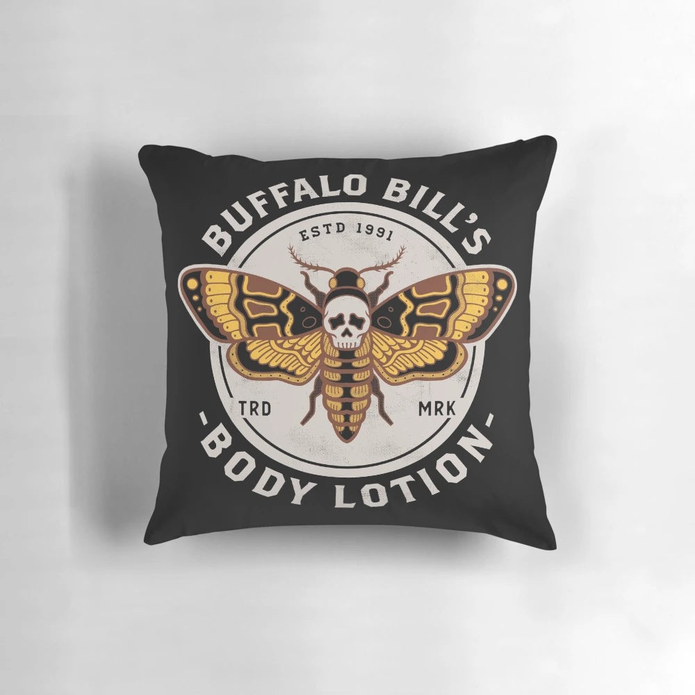Vintage-style pillow featuring a distressed design of a death's head moth, inspired by the character Buffalo Bill from the horror classic "Silence of the Lambs".