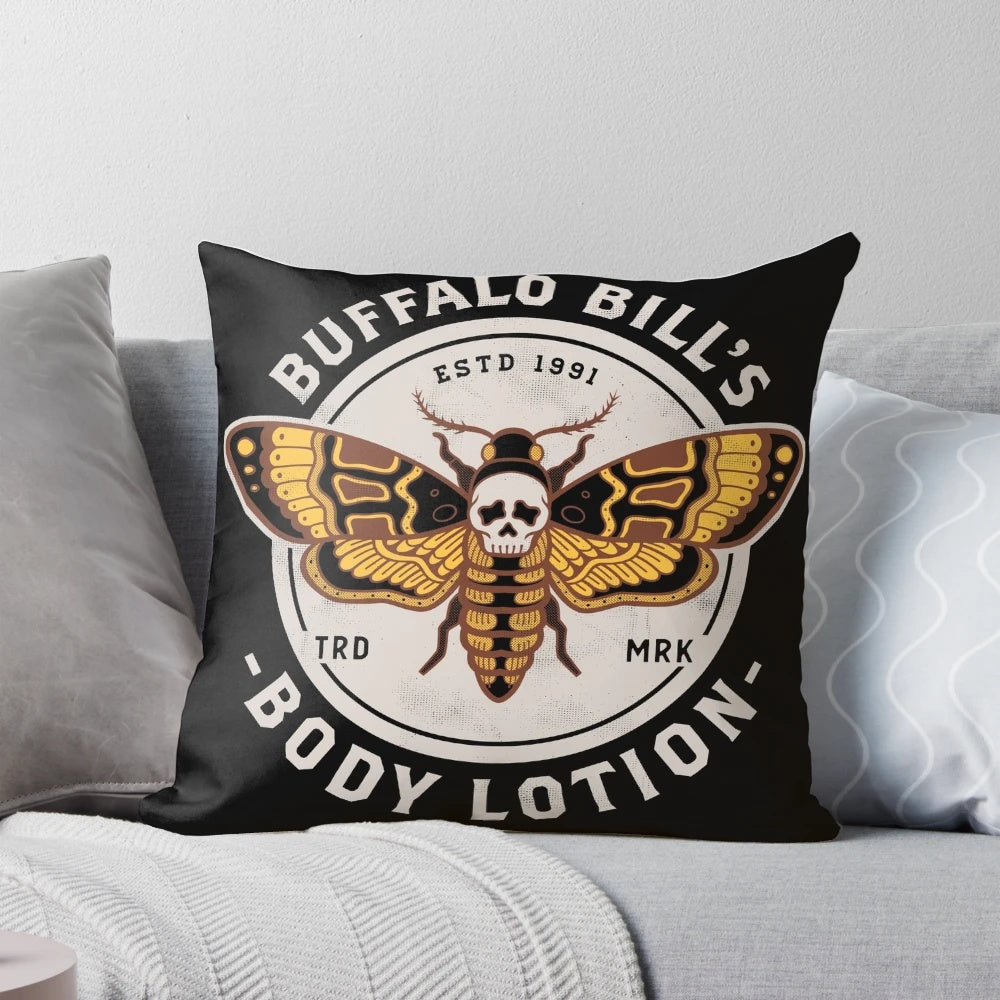 Vintage-style pillow featuring a distressed design of a death's head moth, inspired by the character Buffalo Bill from the horror classic "Silence of the Lambs".