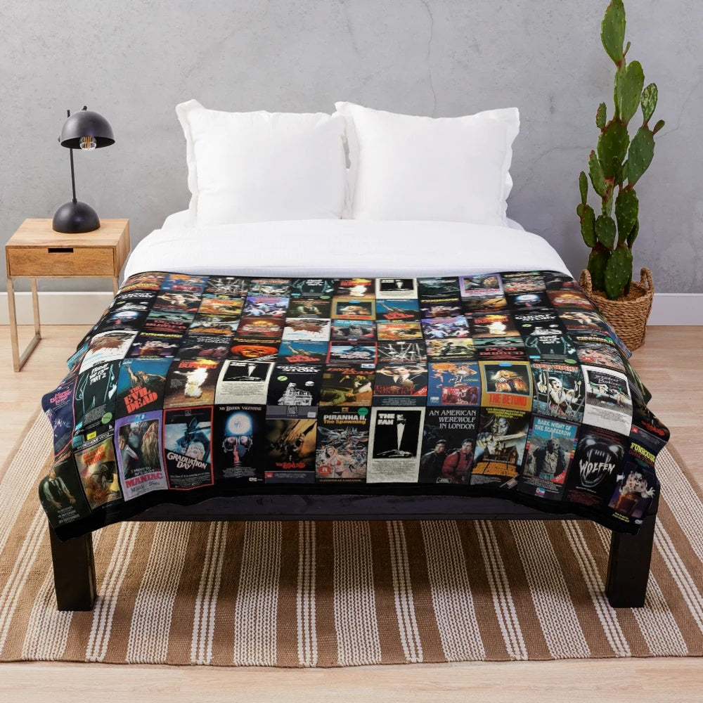 Retro horror movie inspired plush blanket with 1980s VHS artwork