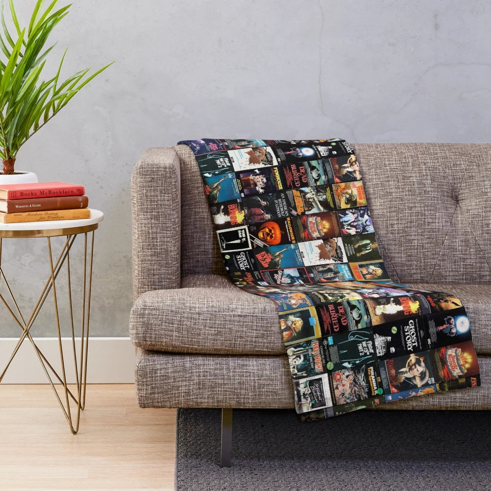 Retro horror movie inspired plush blanket with 1980s VHS artwork