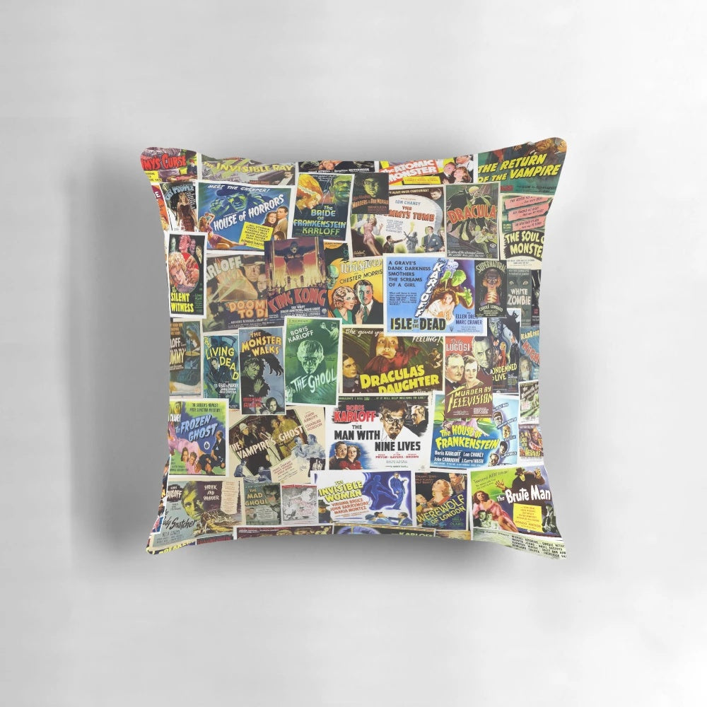 Vintage-style horror movie themed throw pillow featuring classic horror icons like Bela Lugosi, Frankenstein, and Dracula.