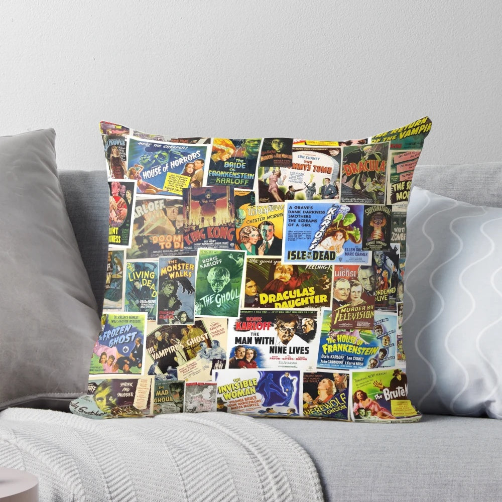 Vintage-style horror movie themed throw pillow featuring classic horror icons like Bela Lugosi, Frankenstein, and Dracula.