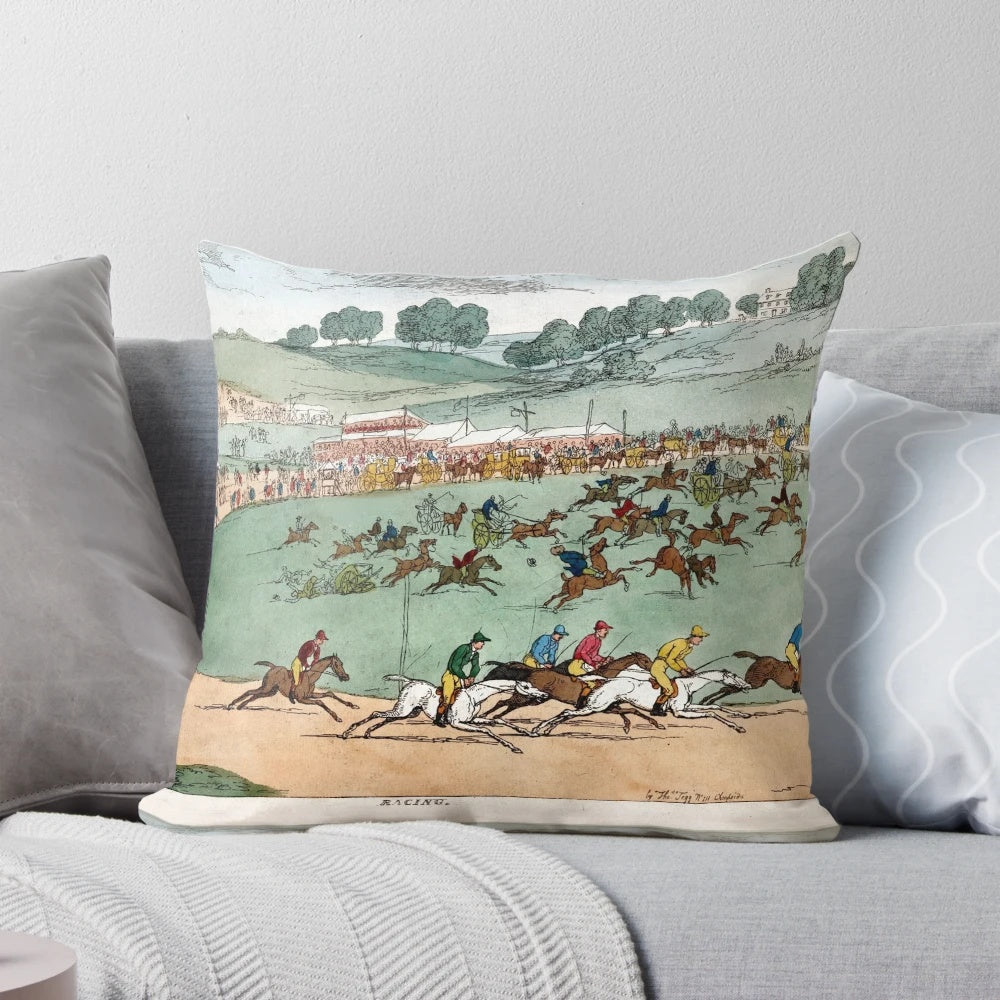 Vintage horse racing pillow with jockey riding winning horse at racetrack
