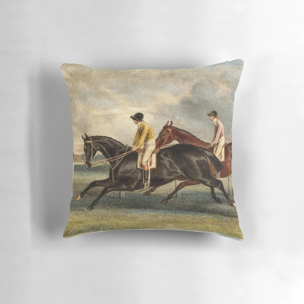Vintage horse racing pillow featuring a design inspired by the Doncaster St. Leger race in 1840