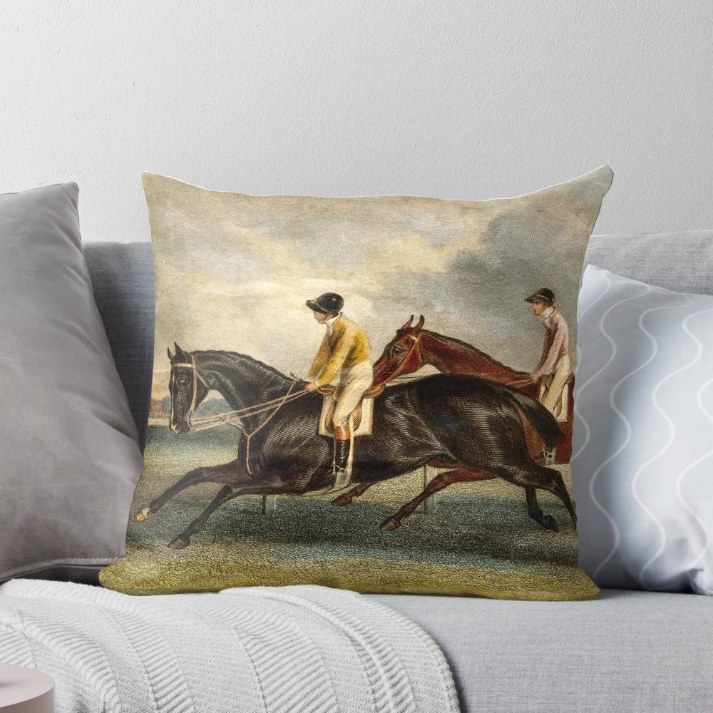 Vintage horse racing pillow featuring a design inspired by the Doncaster St. Leger race in 1840