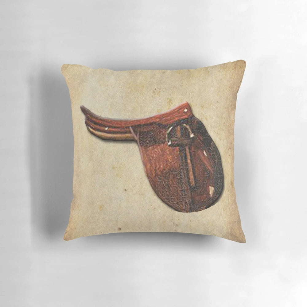 Vintage-inspired throw pillow featuring a detailed portrait of a horse's head and saddle