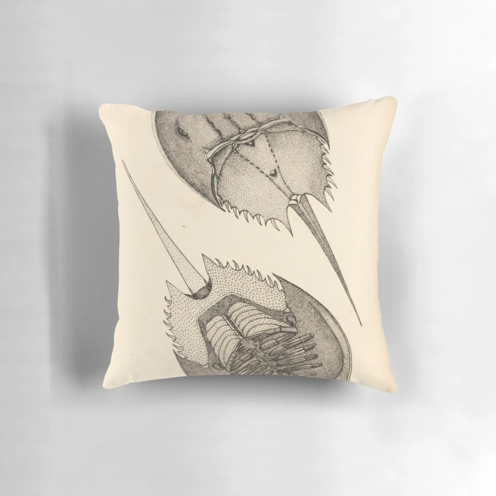 Vintage-inspired decorative pillow featuring a detailed horseshoe crab design, perfect for marine biology enthusiasts and beach house decor.