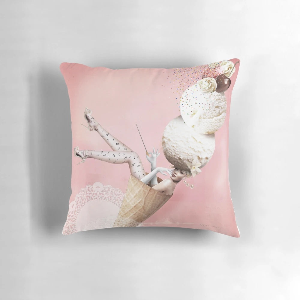 Vintage style pillow featuring a woman enjoying an ice cream cone, perfect for a retro-inspired home decor.