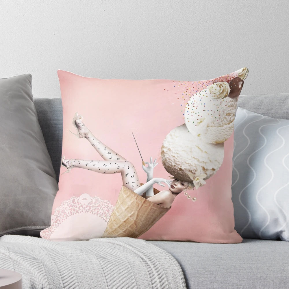 Vintage style pillow featuring a woman enjoying an ice cream cone, perfect for a retro-inspired home decor.