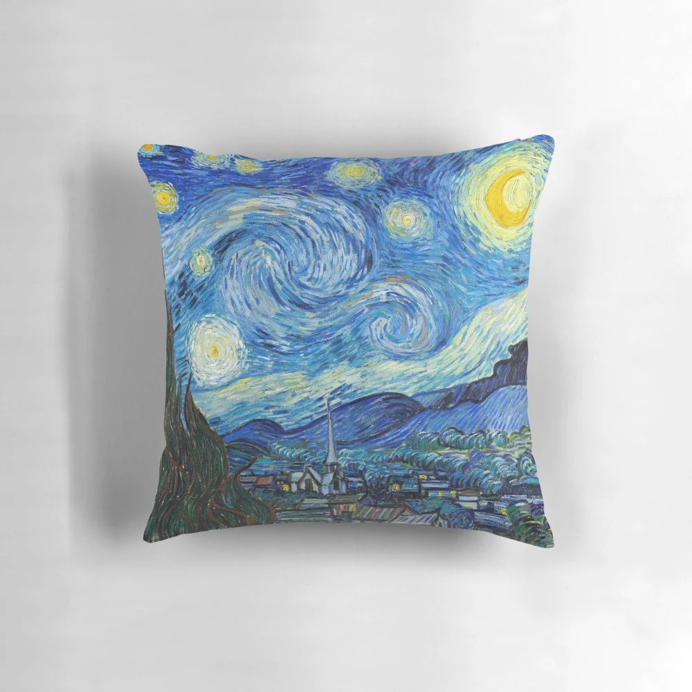 Decorative throw pillow featuring the iconic 'The Starry Night' painting by renowned Dutch impressionist artist Vincent van Gogh.