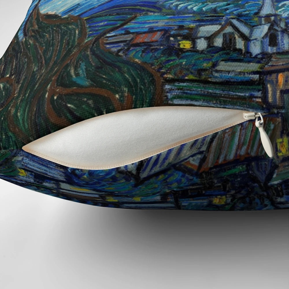 Decorative throw pillow featuring the iconic 'The Starry Night' painting by renowned Dutch impressionist artist Vincent van Gogh.