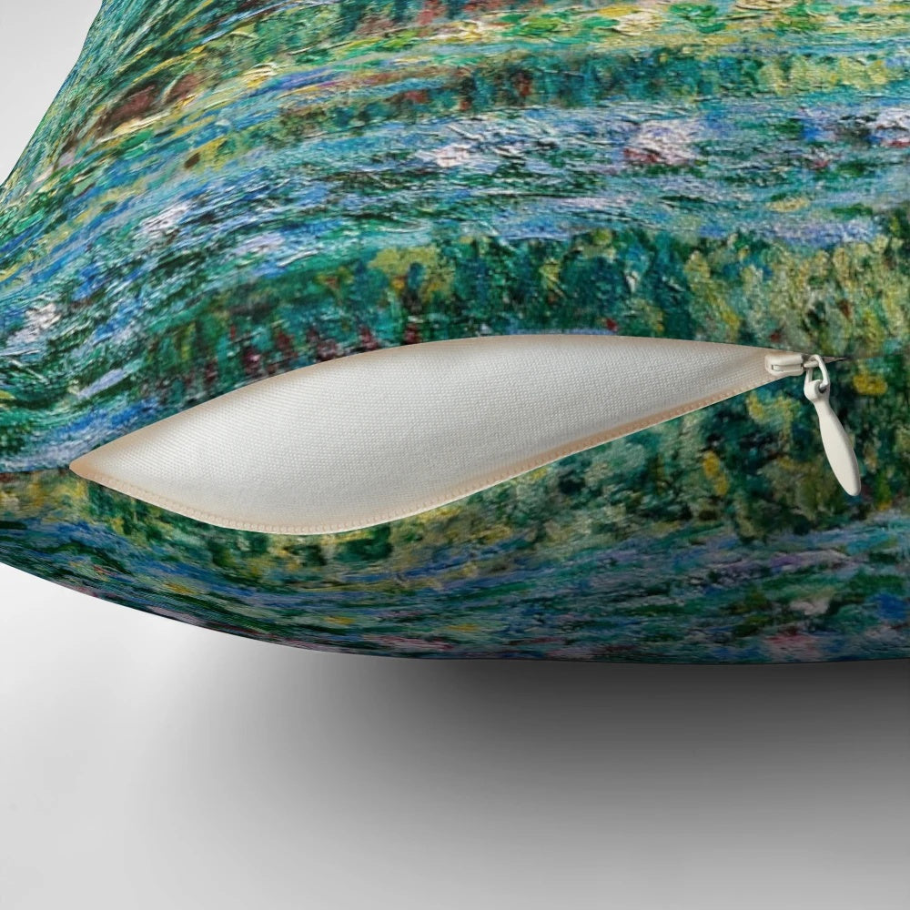 Vintage decorative pillow featuring Claude Monet's famous painting "Water Lilies and Japanese Bridge