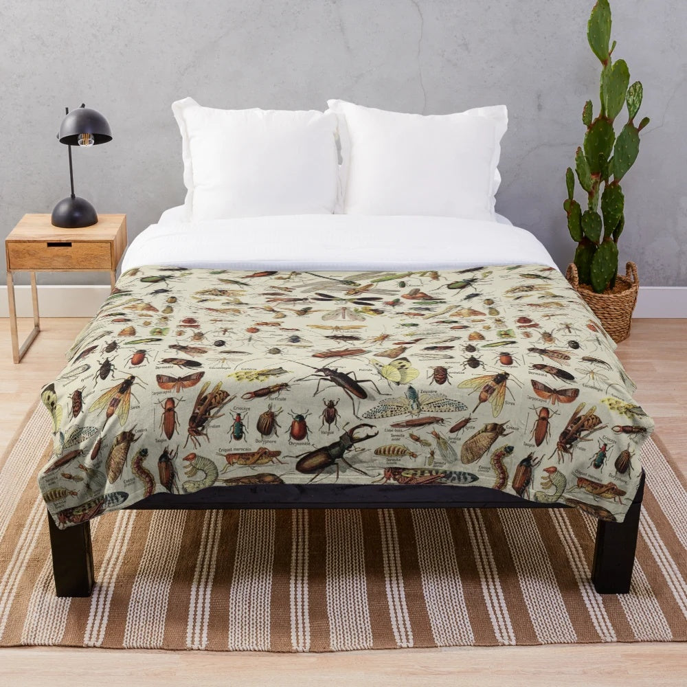 Vintage insect illustration plush blanket featuring scientific drawings of insects, beetles, butterflies, and other bugs