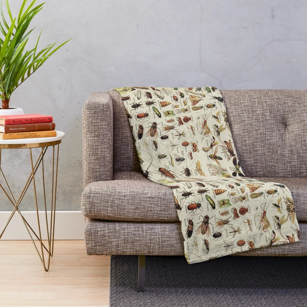 Vintage insect illustration plush blanket featuring scientific drawings of insects, beetles, butterflies, and other bugs