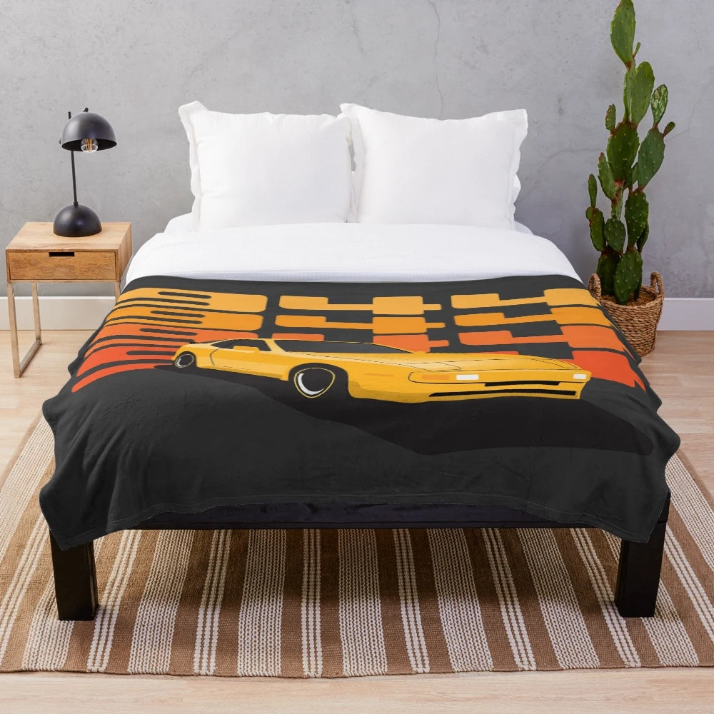 Illustration of a 1986 Porsche 944 in yellow on a plush blanket