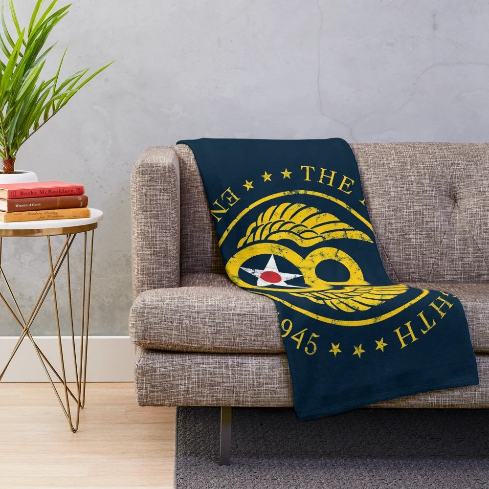 Vintage-inspired 8th Air Force plush blanket with B-17 aircraft and logo