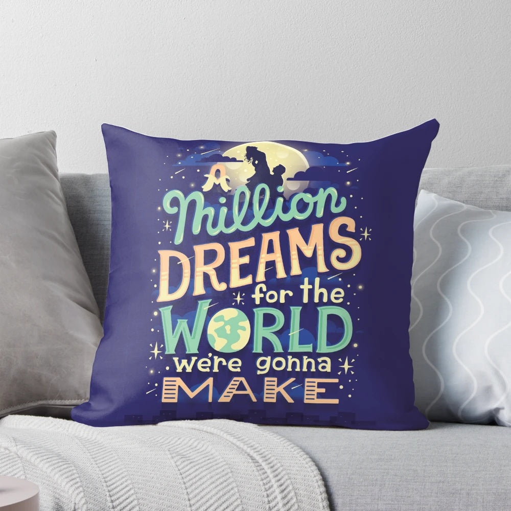 Vintage style 'A Million Dreams' musical lyrics pillow with retro typography and lettering