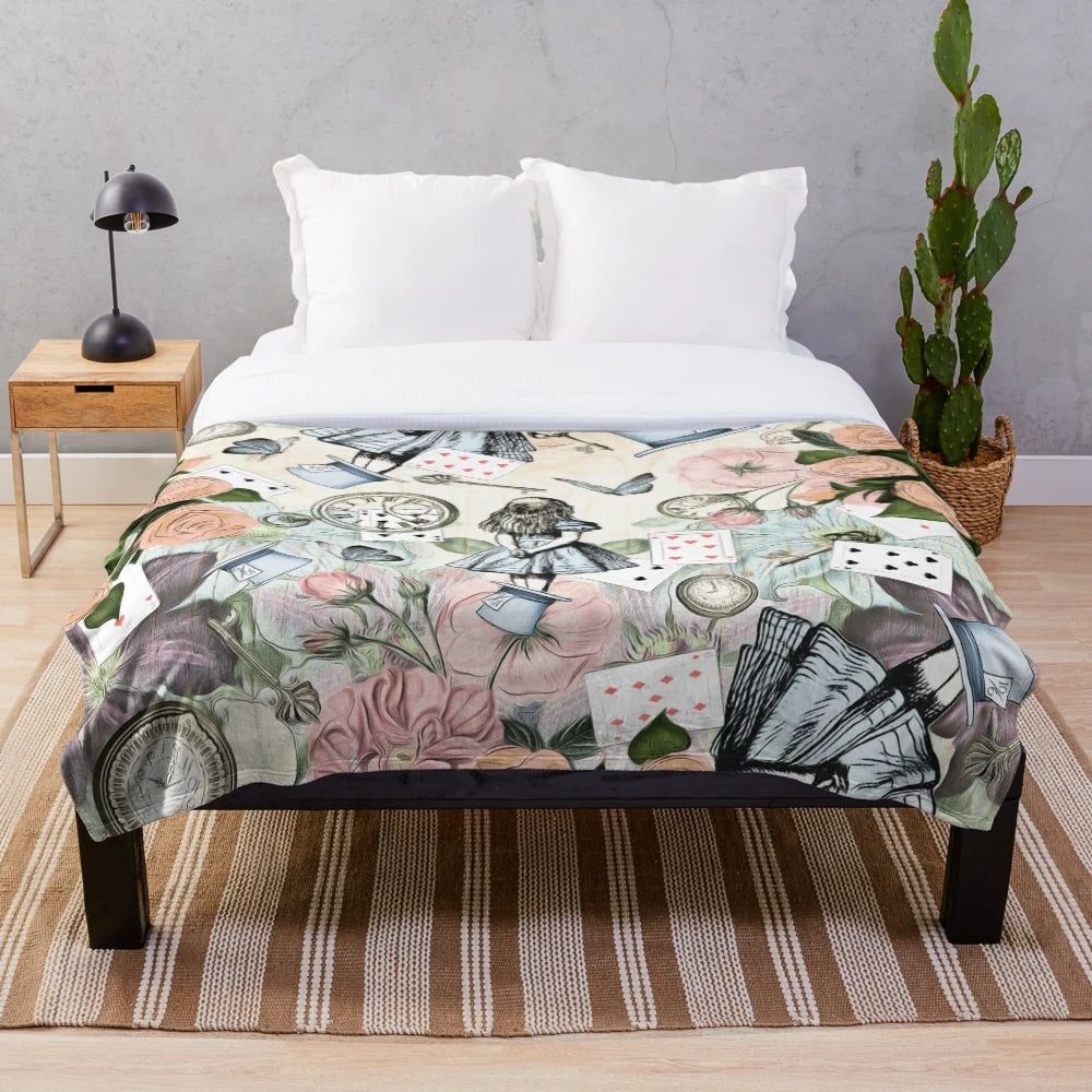 Vintage-inspired Alice in Wonderland collage plush blanket