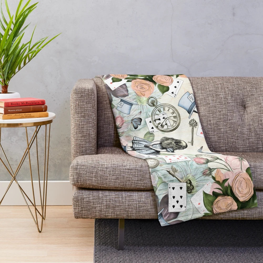 Vintage-inspired Alice in Wonderland collage plush blanket
