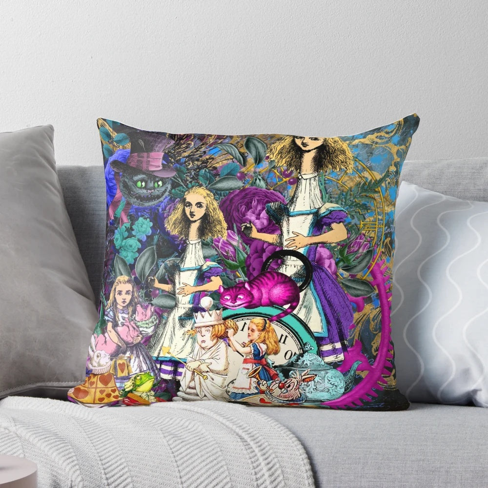 Vintage-inspired decorative pillow featuring Alice in Wonderland characters and motifs