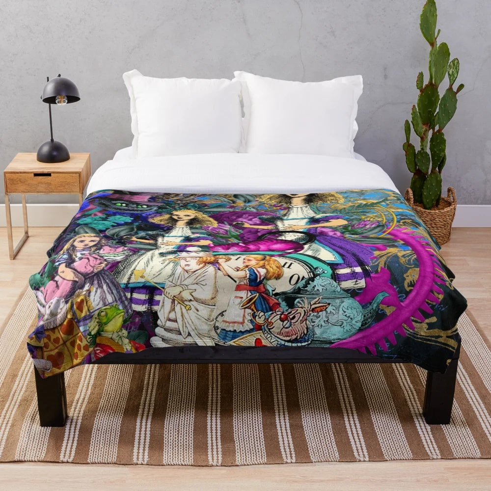 Vintage-inspired Alice in Wonderland plush blanket