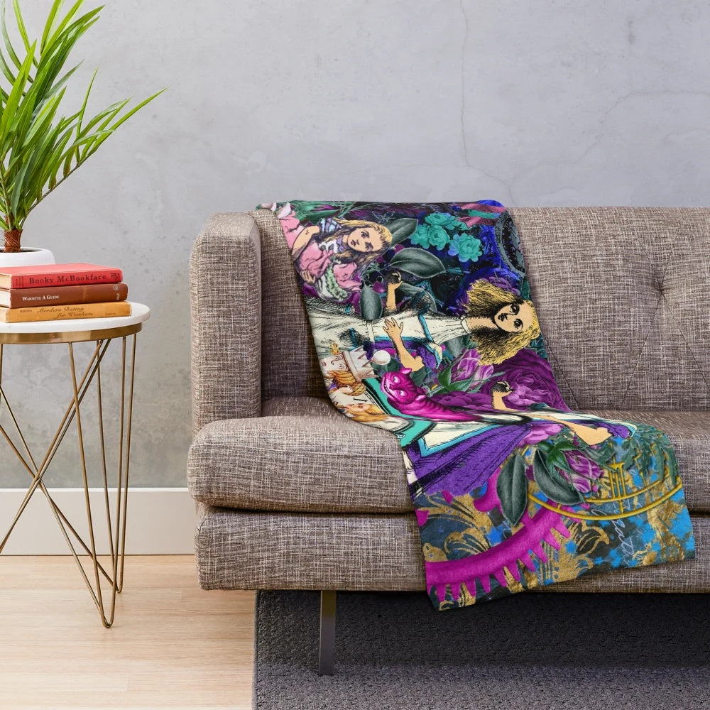 Vintage-inspired Alice in Wonderland plush blanket