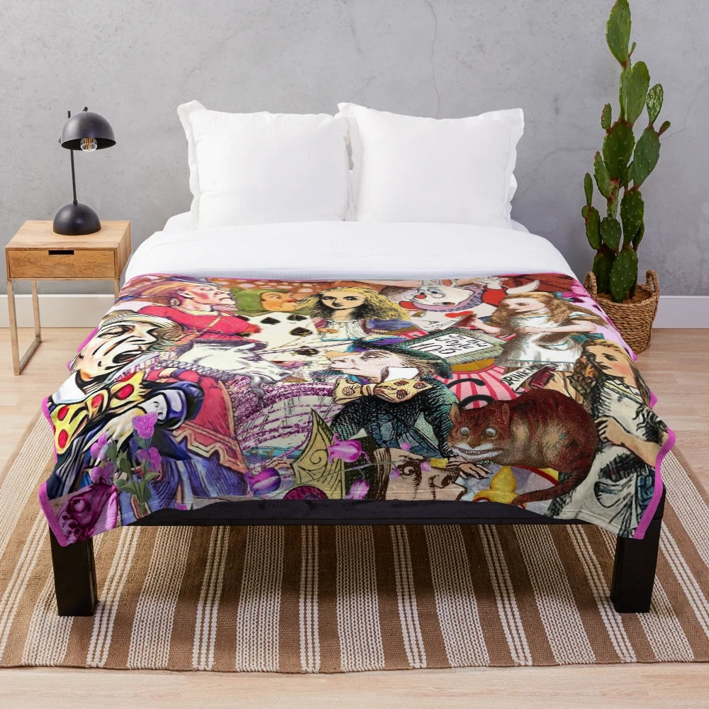Vintage-style Alice in Wonderland plush blanket with mixed media design
