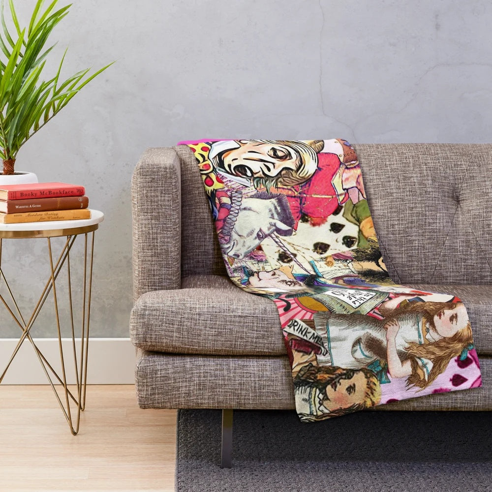 Vintage-style Alice in Wonderland plush blanket with mixed media design