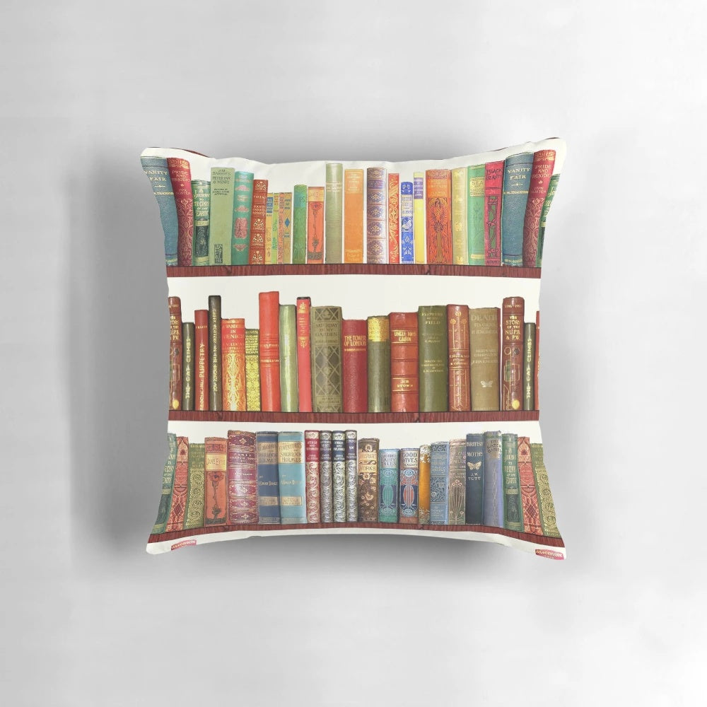 A throw pillow featuring an antique book design, perfect for fans of Jane Austen and classic literature.