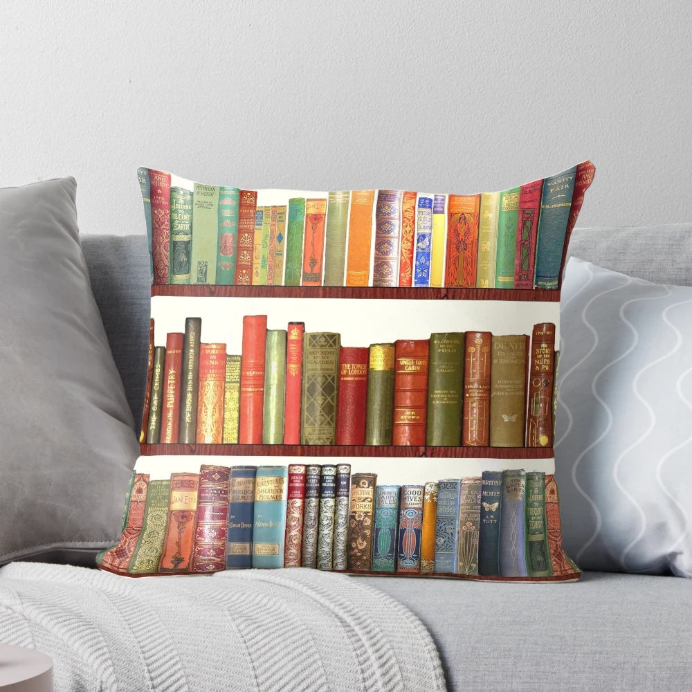 A throw pillow featuring an antique book design, perfect for fans of Jane Austen and classic literature.