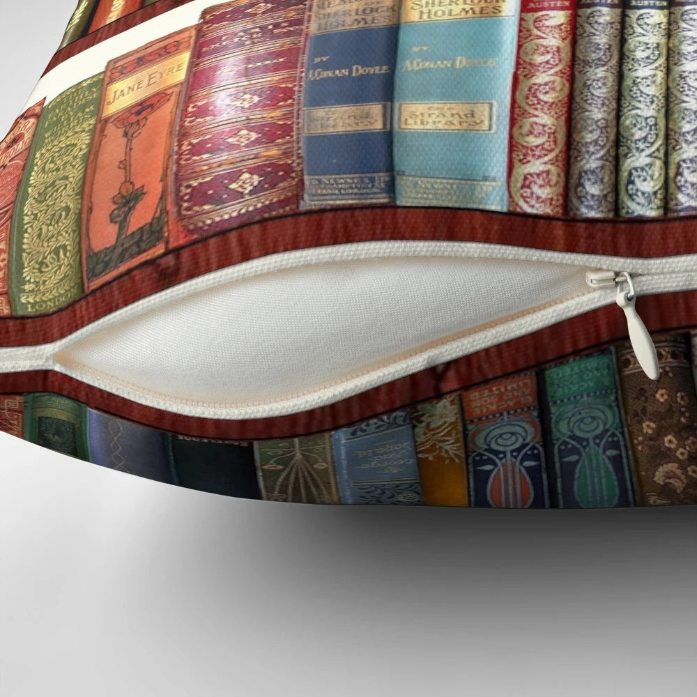 A throw pillow featuring an antique book design, perfect for fans of Jane Austen and classic literature.