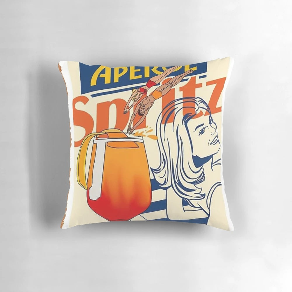Vintage-inspired decorative throw pillow featuring an illustration of an Aperol Spritz cocktail.