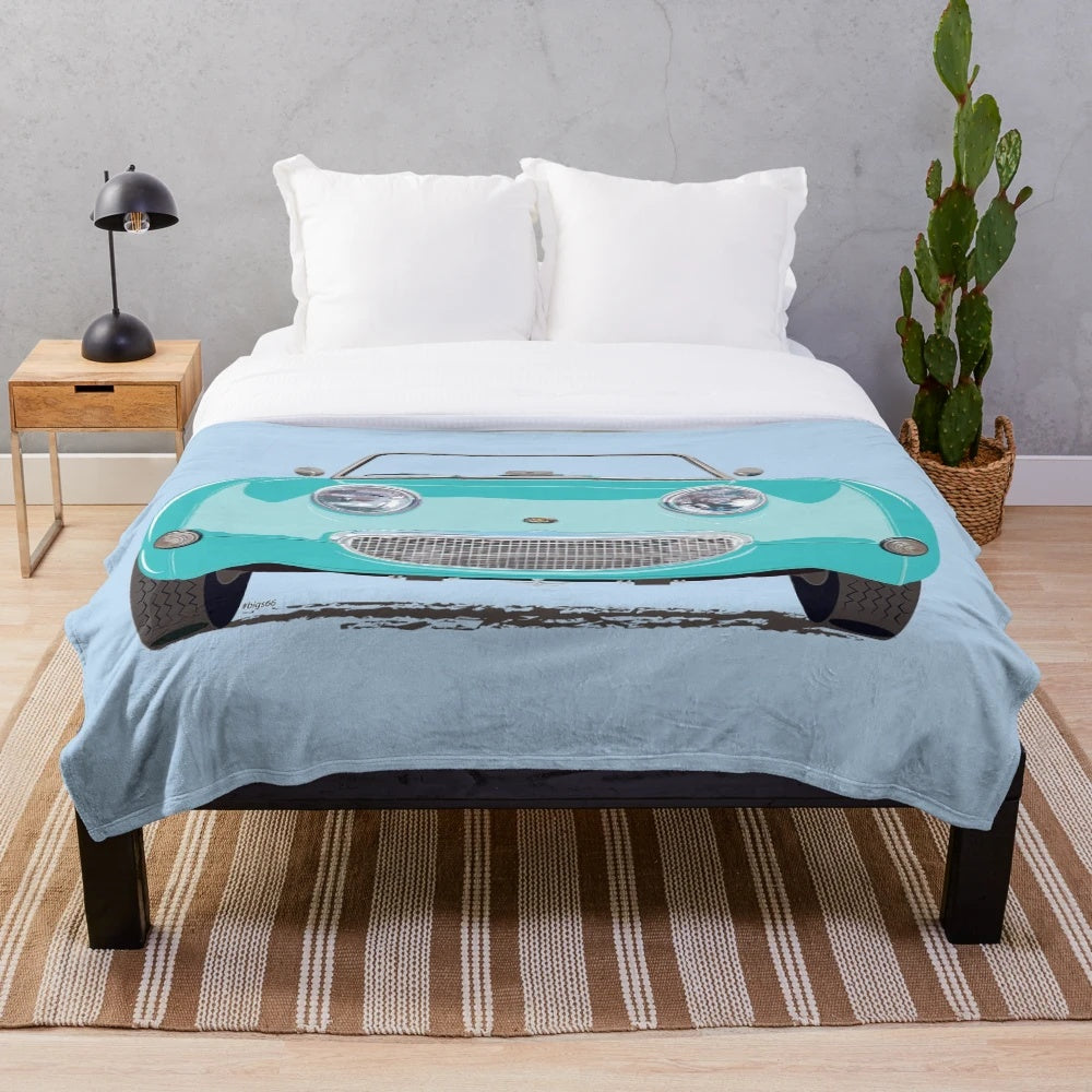 Plush blanket featuring a vintage-style illustration of an Austin Healey Sprite classic British sports car