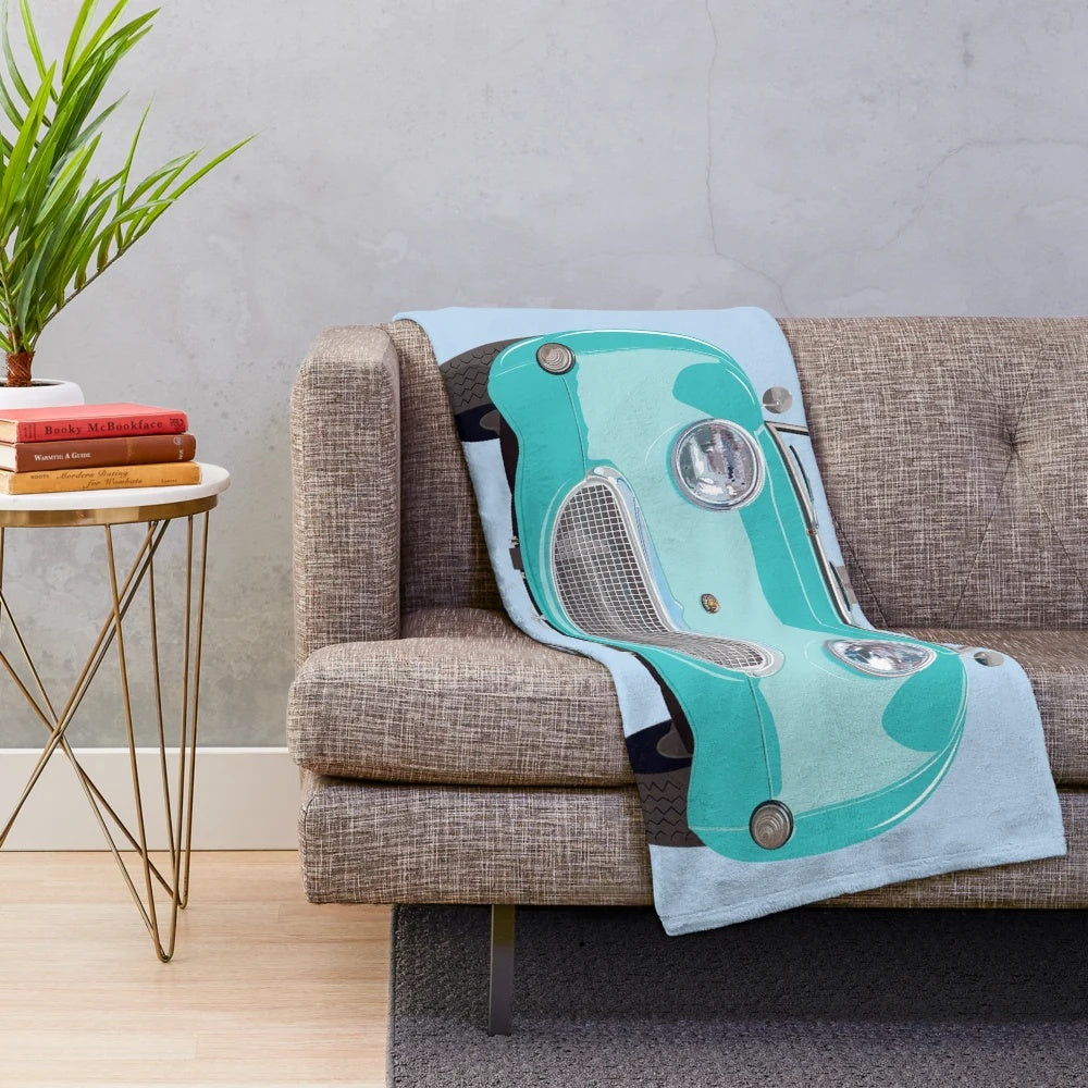 Plush blanket featuring a vintage-style illustration of an Austin Healey Sprite classic British sports car