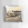 Vintage-style pillow design featuring the BBMF Spitfire and Lancaster Bomber aircraft from the Battle of Britain