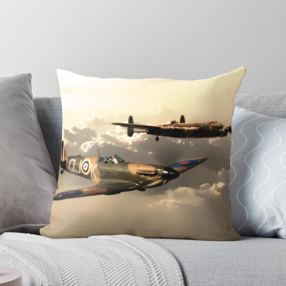 Vintage-style pillow design featuring the BBMF Spitfire and Lancaster Bomber aircraft from the Battle of Britain