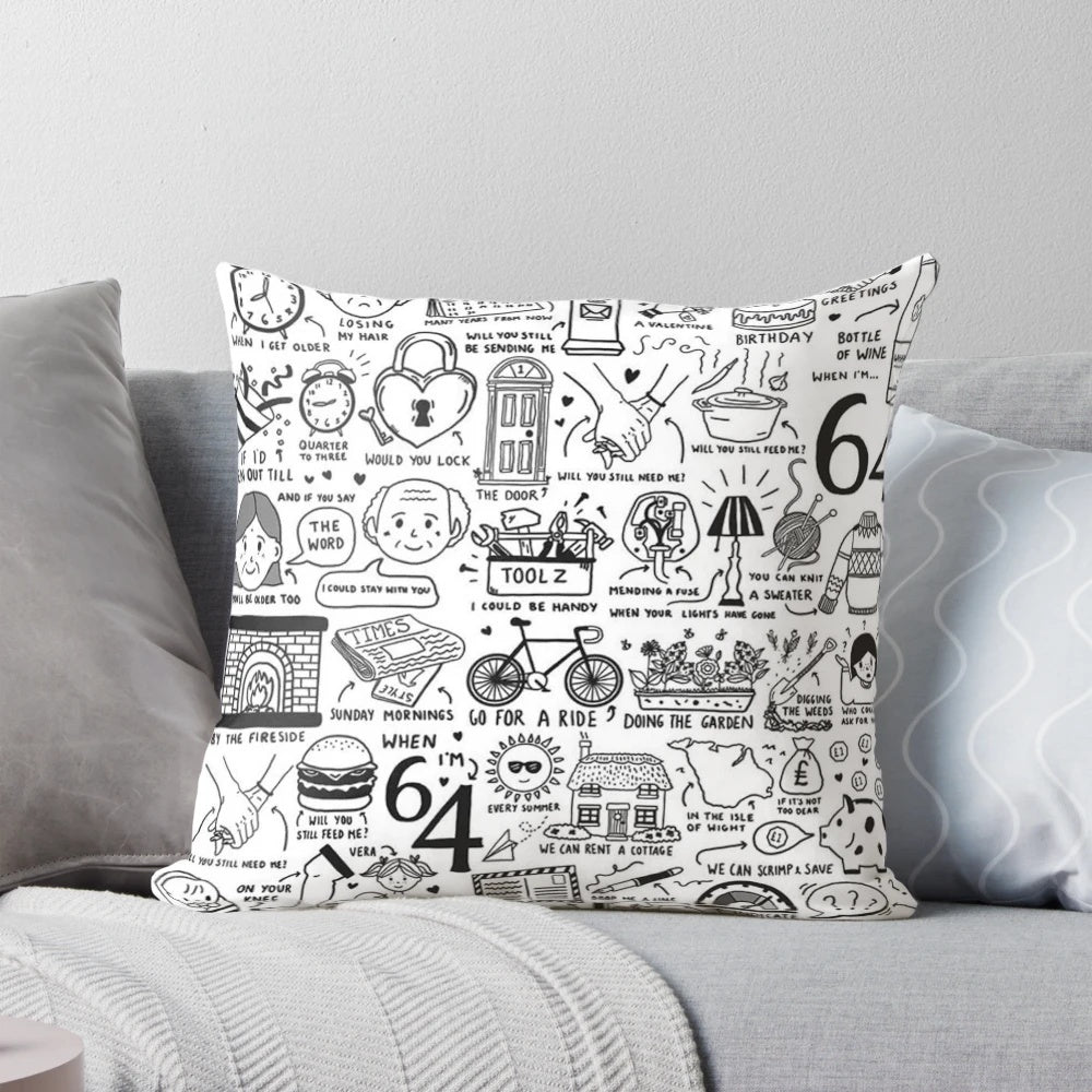 Vintage-style pillow featuring the lyrics "When I'm Sixty Four" from the Beatles' Sgt. Peppers Lonely Hearts Club Band album