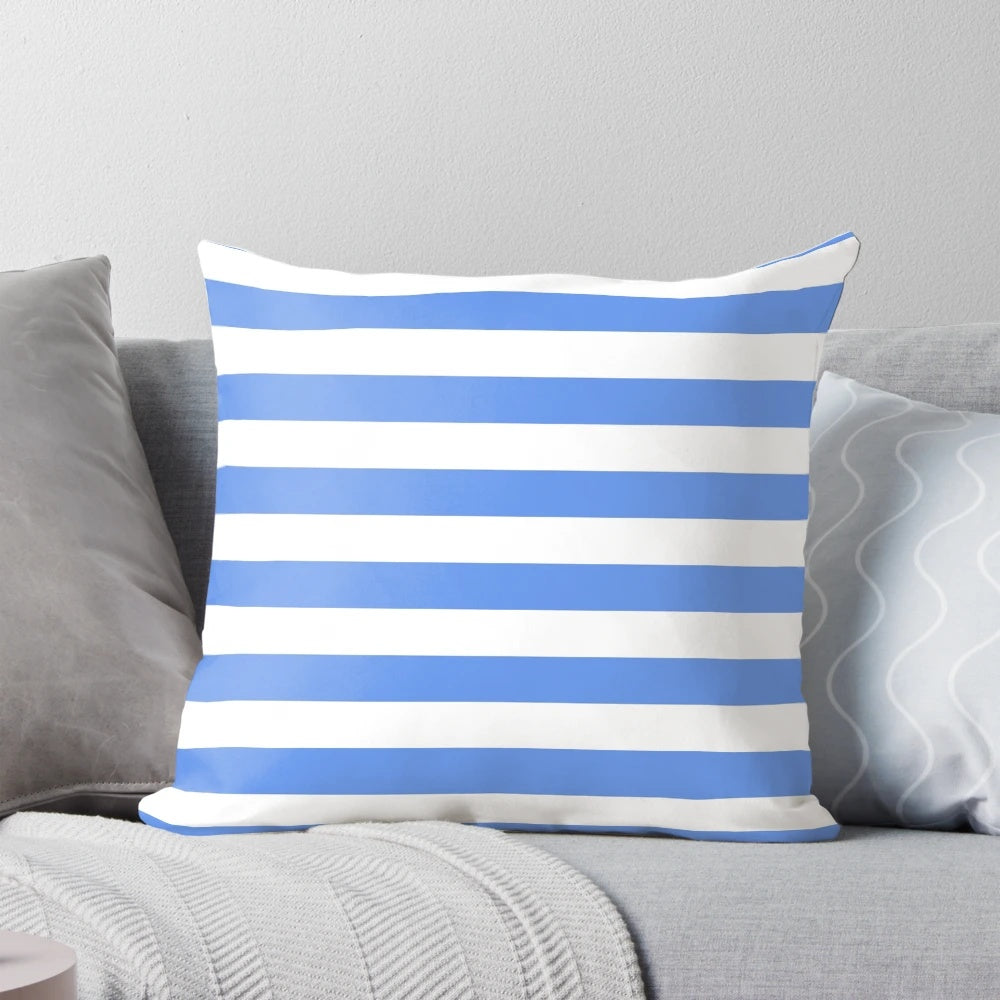 Blue and white horizontal striped decorative throw pillow
