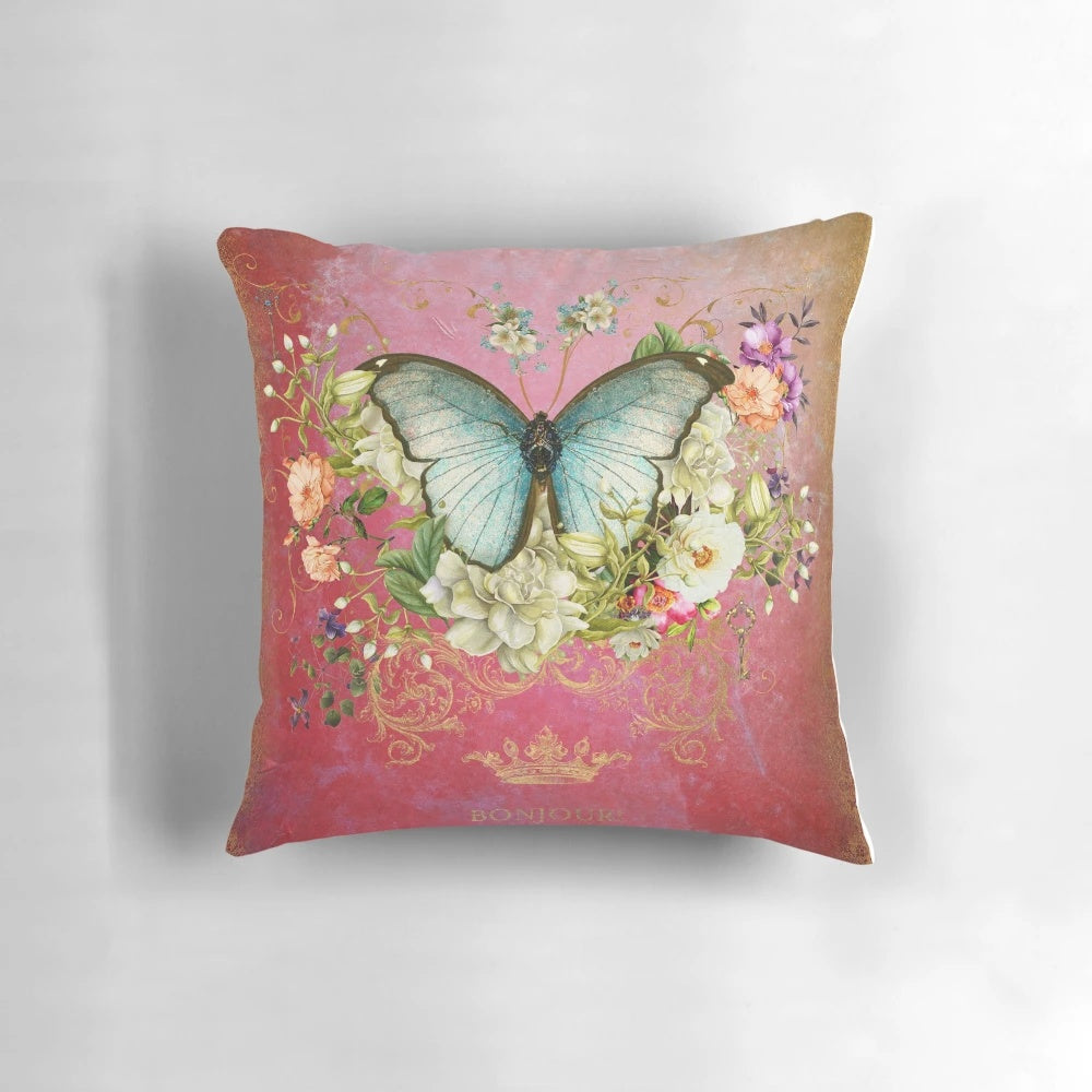 Vintage-inspired pillow featuring a blue raspberry color and a whimsical butterfly design