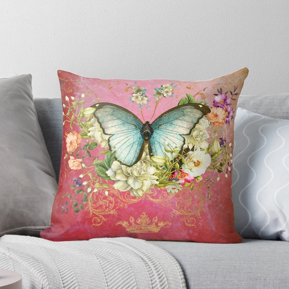Vintage-inspired pillow featuring a blue raspberry color and a whimsical butterfly design