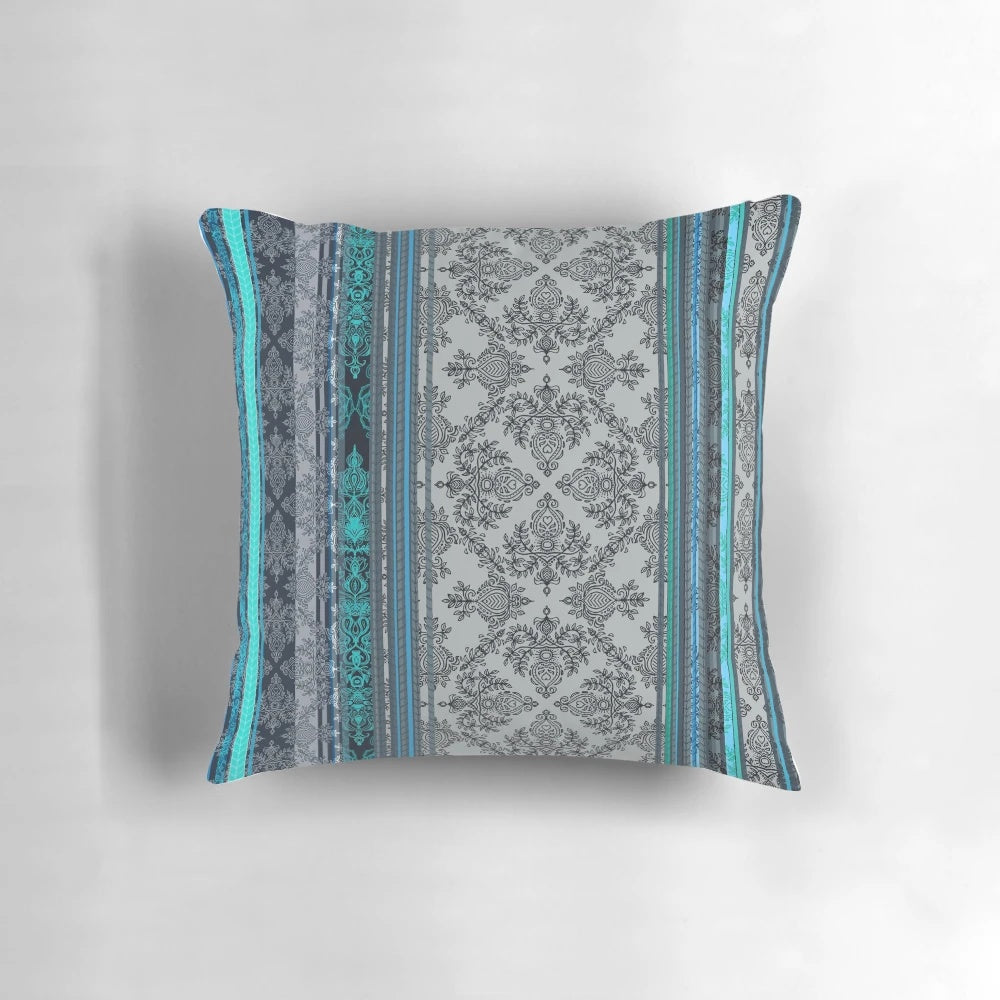 Vintage-inspired bohemian teal, aqua, and grey wallpaper-patterned accent pillow