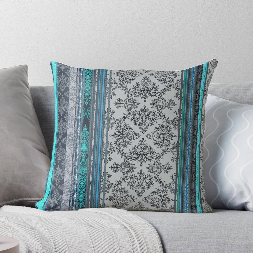 Vintage-inspired bohemian teal, aqua, and grey wallpaper-patterned accent pillow