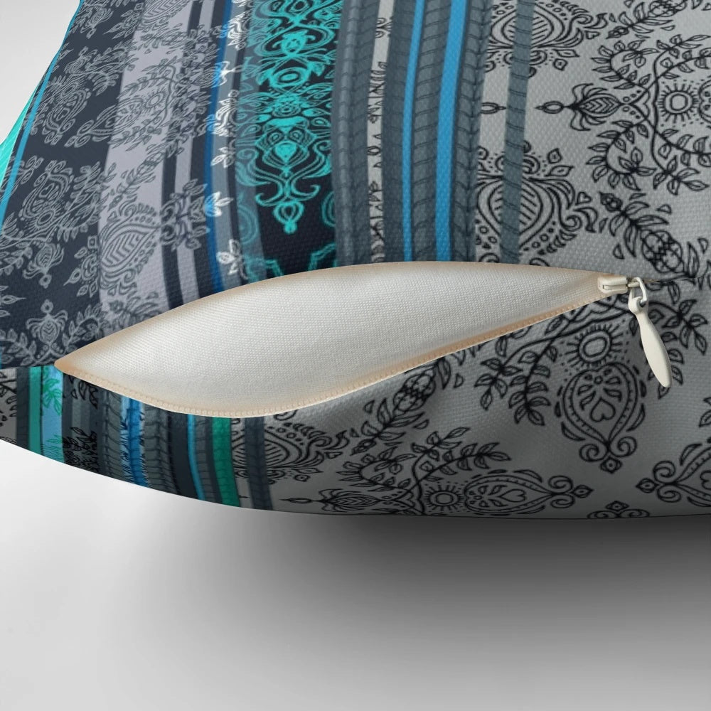 Vintage-inspired bohemian teal, aqua, and grey wallpaper-patterned accent pillow