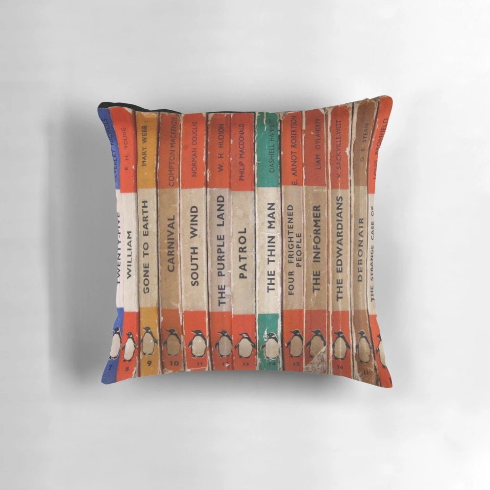 Vintage-style book spine pillow with Penguin books design