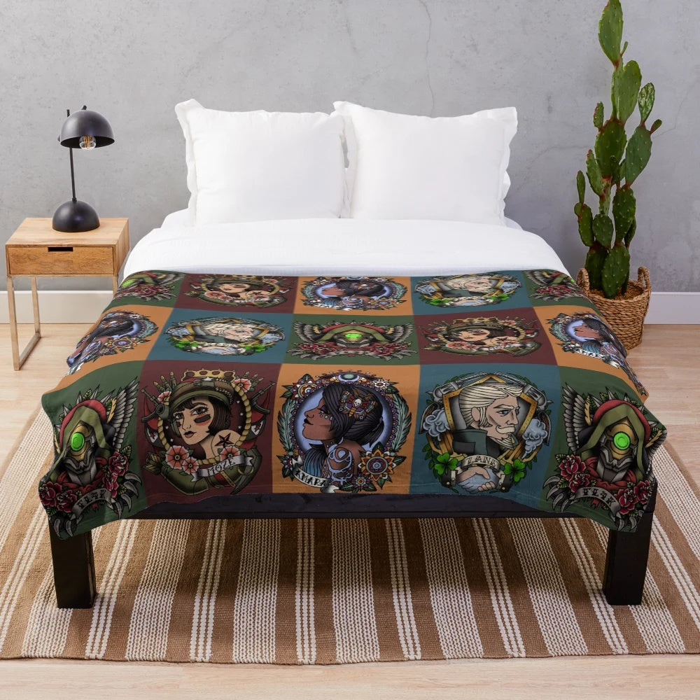 Borderlands 3 squad plush blanket in tattoo-inspired style