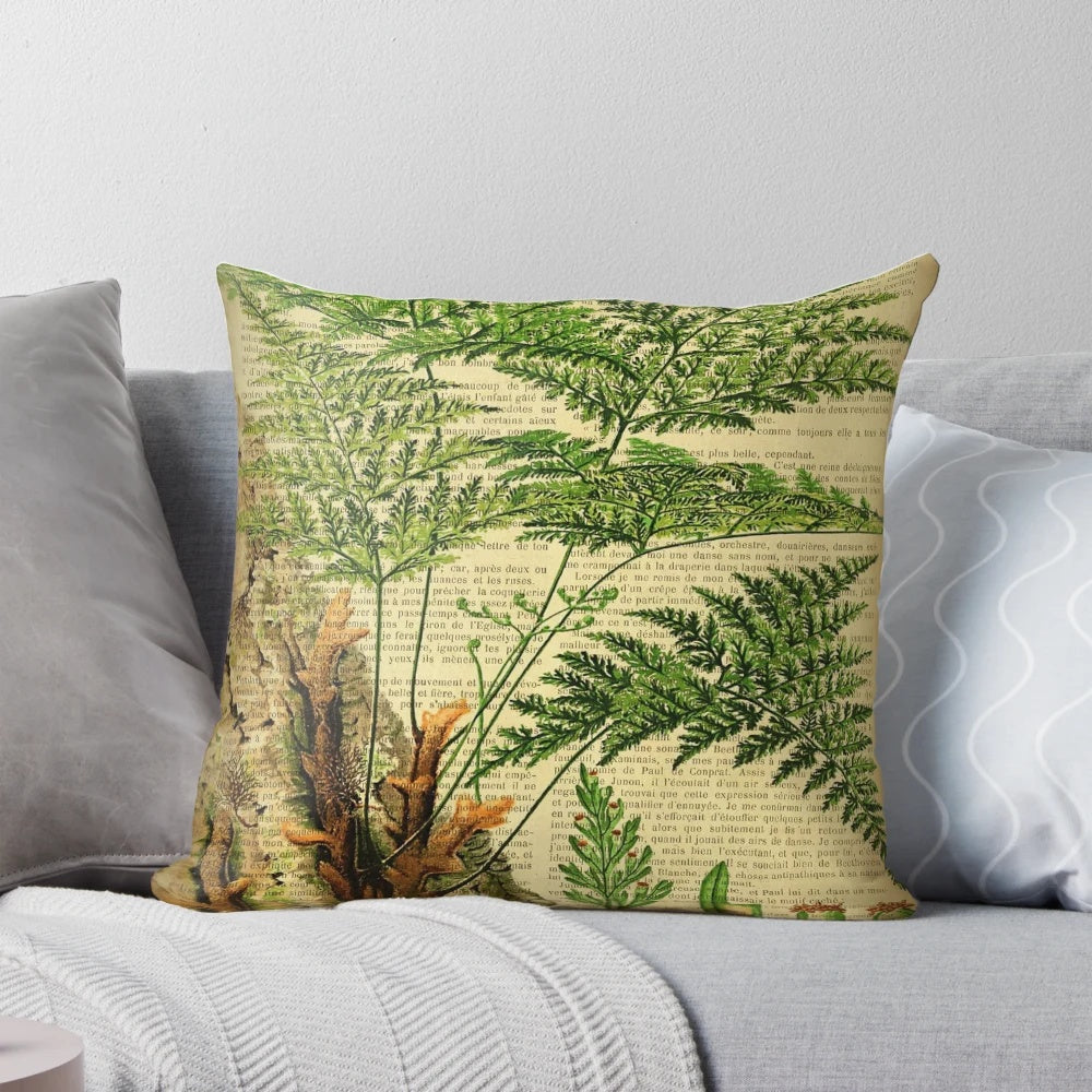 Vintage-styled botanical fern print on a pillow