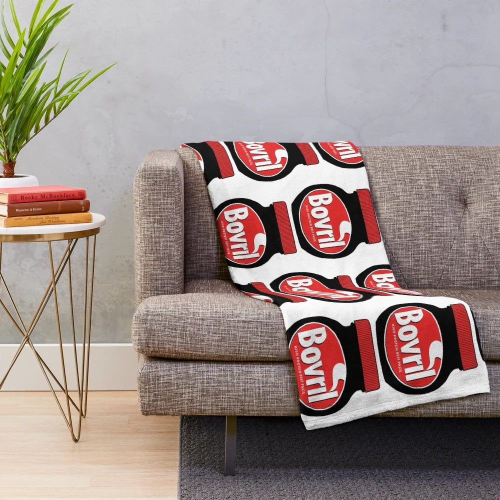 Cozy Bovril-themed plush blanket with vintage food illustration design