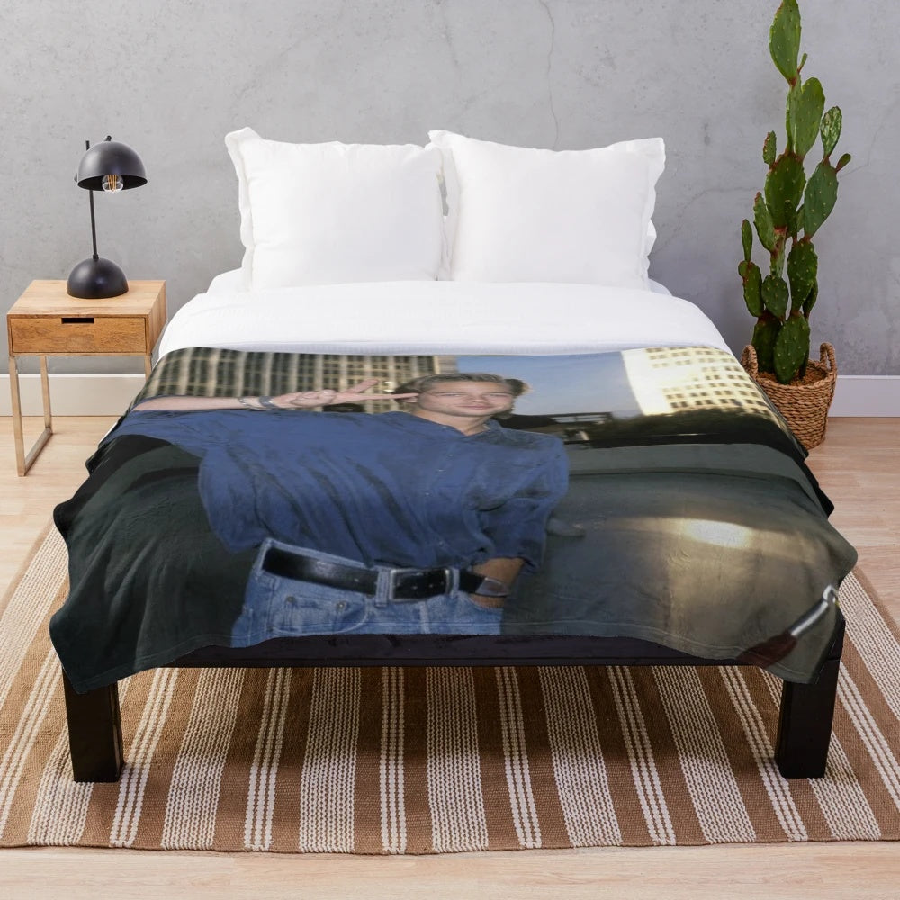 Vintage-inspired plush blanket featuring a young Brad Pitt from the 90s